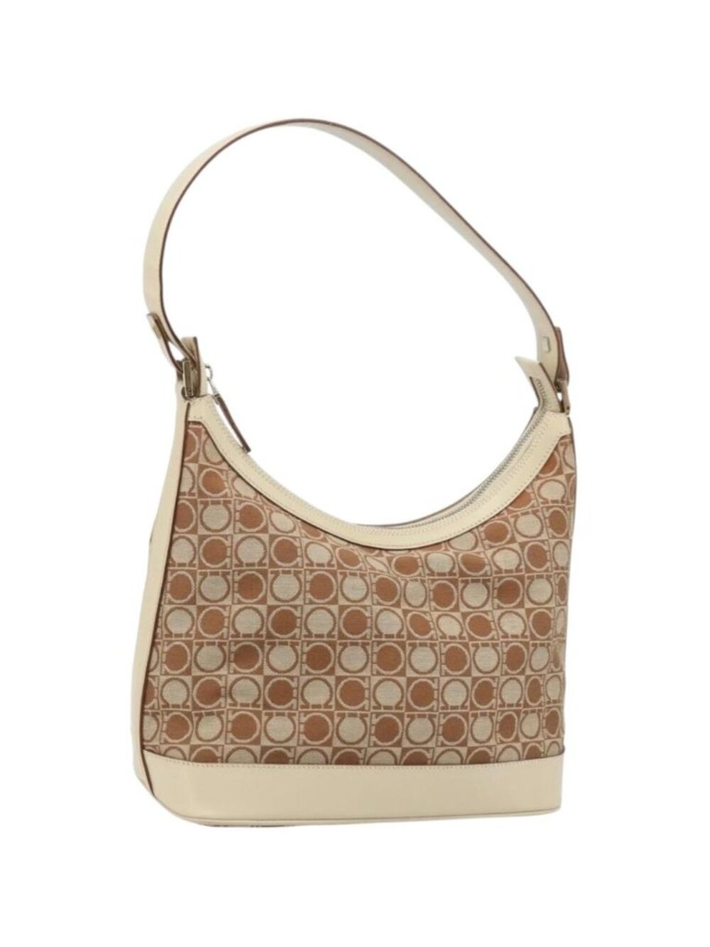 Salvatore Ferragamo Gancini Shoulder Bag Canvas Leather Brown Gold